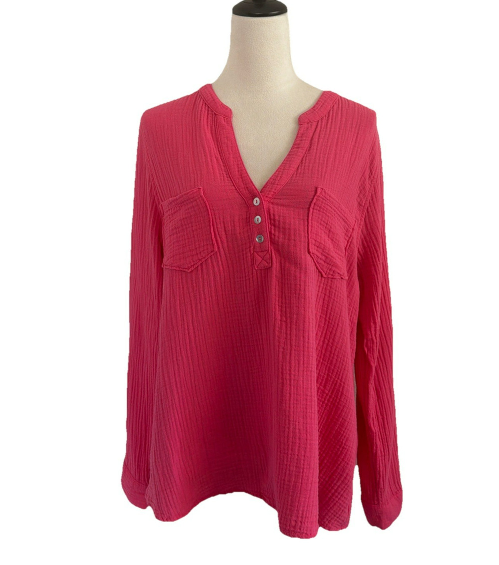 Mote Blouse Top Womens XXL Pink Cotton Gauze Popover Long Sleeve V-Neck Casual